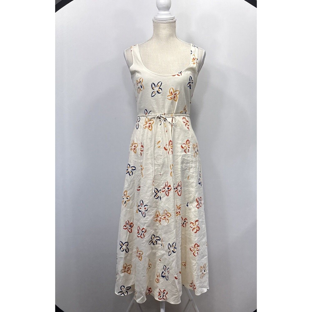 Rebecca Taylor Flame Fleur Linen Midi Dress Floral Scoopneck Belted 0 Sundress